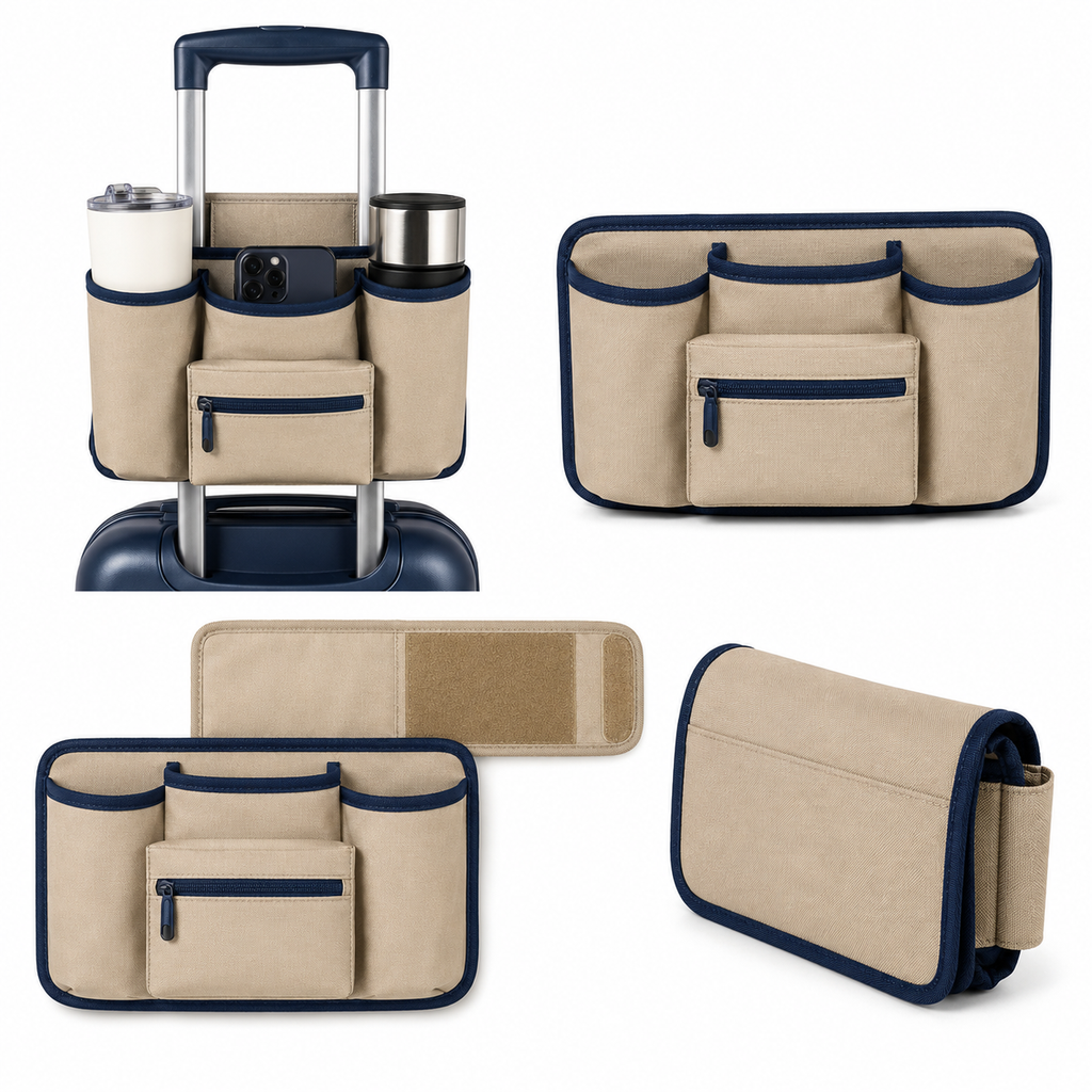 CarryDock Luggage Handle Caddy with Two Cup Pockets