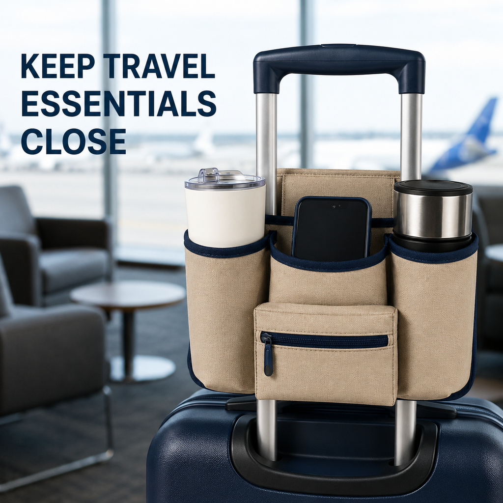 CarryDock Luggage Handle Caddy with Two Cup Pockets