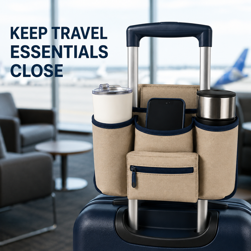 CarryDock Luggage Handle Caddy with Two Cup Pockets