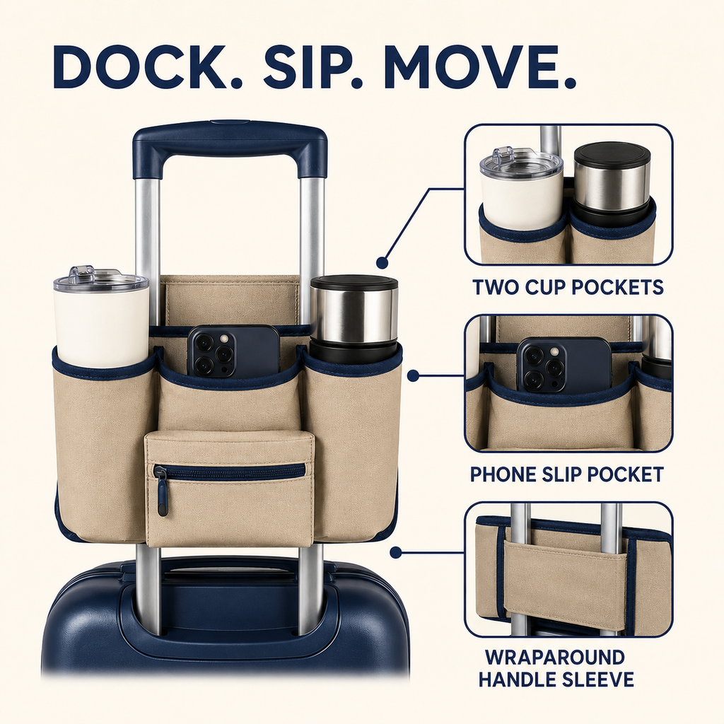 CarryDock Luggage Handle Caddy with Two Cup Pockets